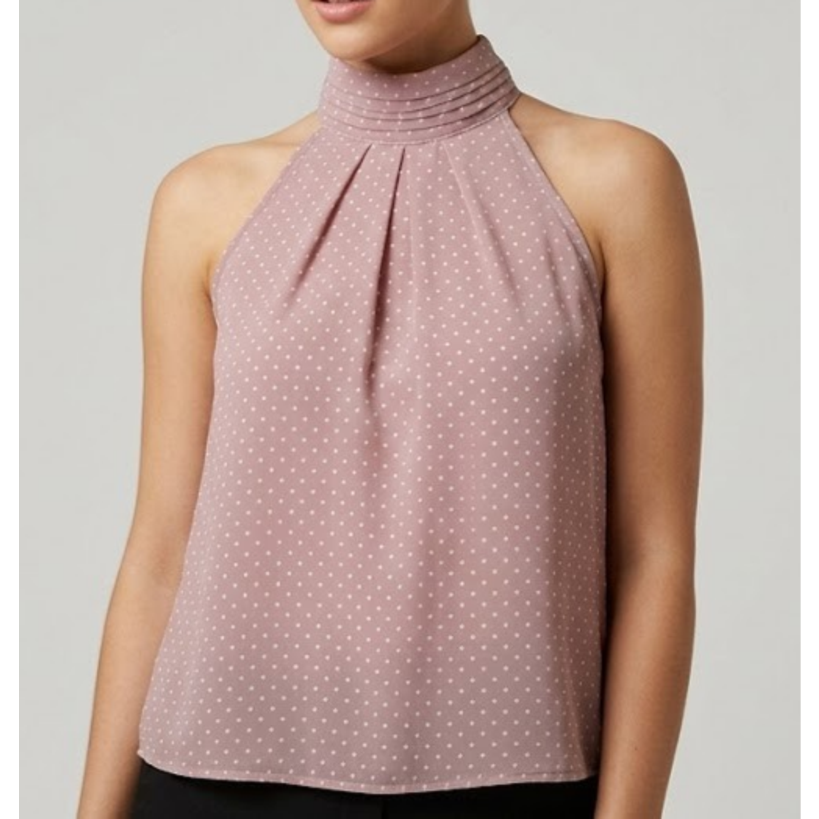Elan Mauve Pink Polka Dot Halter Top Sm Pleated High Neck Boho Blouse Sleeveless